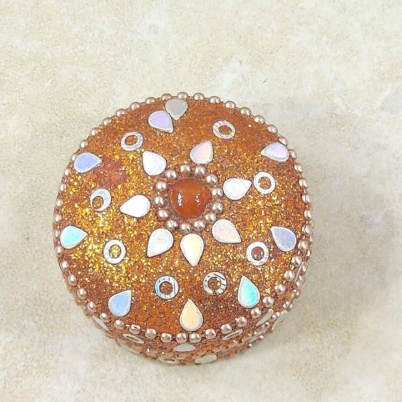 VTG Jewelry Box Orange Round Glitter Trinket Gift Beads Ornament Velvet Interior - Picture 7 of 12